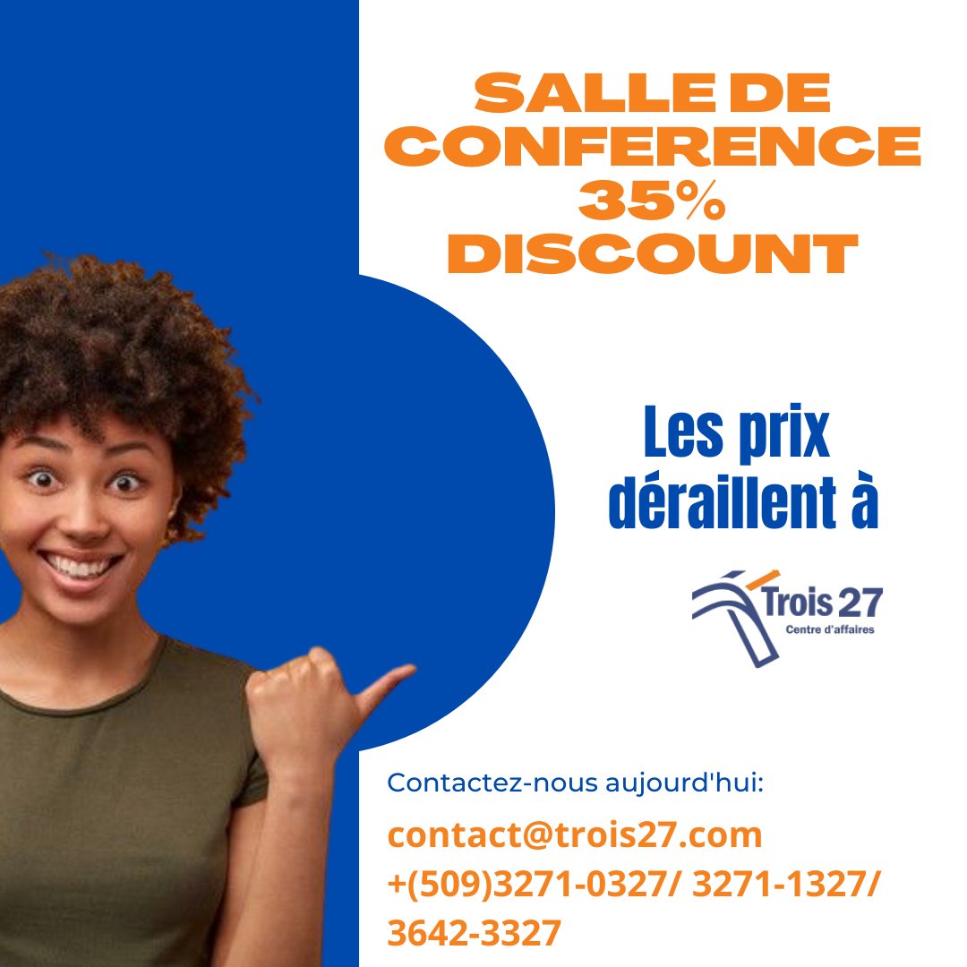 27Trois's tweet photo. Les tarifs déraillent à Trois 27:

Salle de conférence: 30% Discount
Salle de cours: 40% Discount
Coworking: 1500 HTG par mois
Bureau privatif avec secrétaire: 20% Discount
Bureau virtuel: 50% Discount https://t.co/9HnuXgrWdn