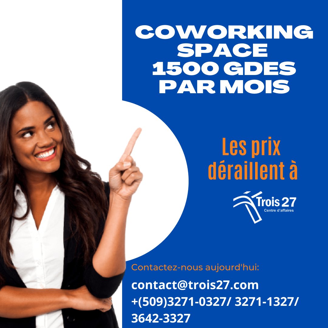 27Trois's tweet photo. Les tarifs déraillent à Trois 27:

Salle de conférence: 30% Discount
Salle de cours: 40% Discount
Coworking: 1500 HTG par mois
Bureau privatif avec secrétaire: 20% Discount
Bureau virtuel: 50% Discount https://t.co/bH2gWyBAeB