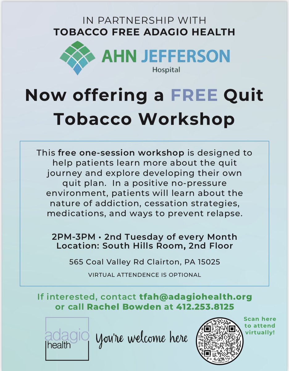 Our community partner AHN is hosting a Quit Tobacco Workshop the second Tuesday of each month. This free workshop will help to teach you about the ways you can quit and what your journey could look like. There is also a virtual option for these workshops.