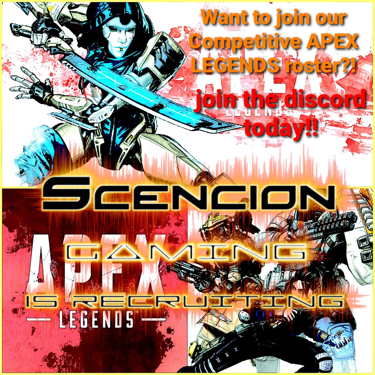 scenciongaming's tweet photo. 🛑HOLD UP🛑
Want to take your gaming to the next LEVEL?! We at Scencion are now looking for solid competitve players to join our #ApexLegends roster! Get your teams together and join our Discord if you have what it takes! #Scendit
https://t.co/QoFWo5IZh5 https://t.co/fVM7Ioque4