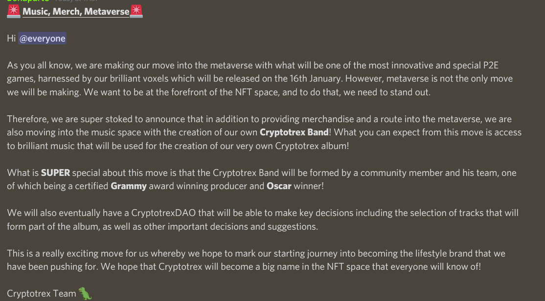 🚨MAJOR ANNOUNCEMENT🚨

We are super PROUD to announce that in addition to moving into the Metaverse, we are forming a Cryptotrex band, made up of an Oscar and Grammy award winning producer! 

50 RTs and we release a snippet of one of the tracks!

#Ethereum #NFT #CryptoTrexVX