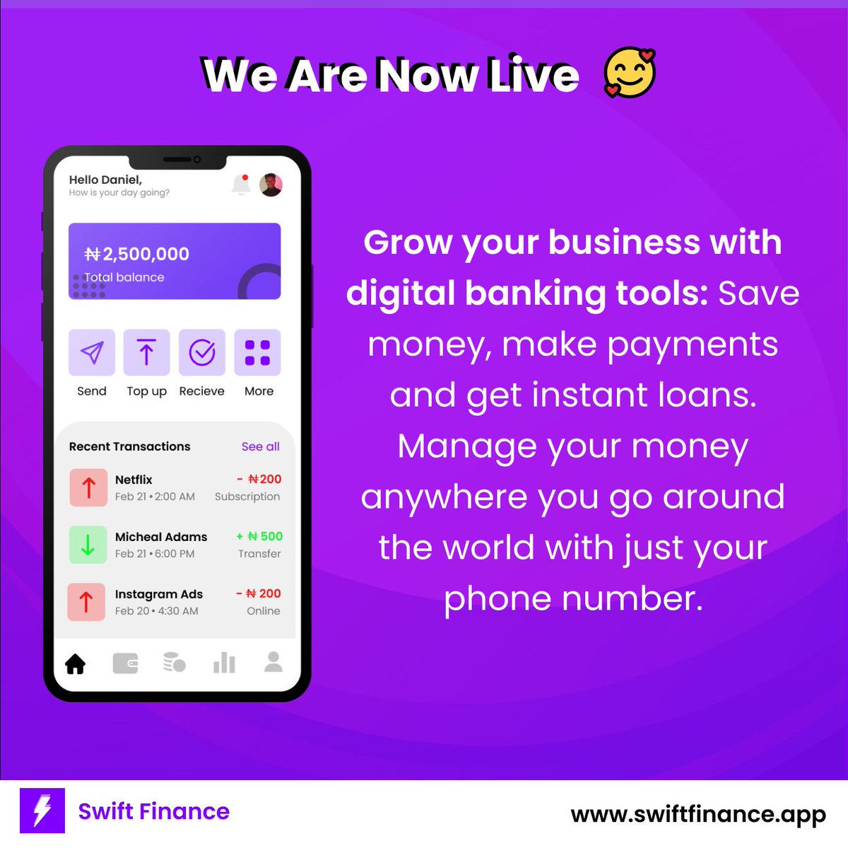 SwiftFinanceApp's tweet photo. We're excited to launch a new digital banking platform tor business owners today 😊 Swift Finance - remember the name, cause you'll need it 🌍⚡

Grab your spot now: https://t.co/m0tSCzLeVN https://t.co/dzA9ulUCPg