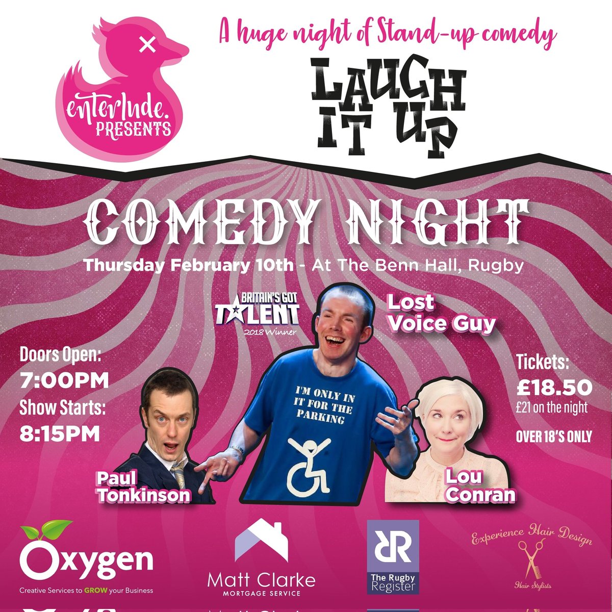 Enterlude_UK's tweet photo. Cannot wait for 'Laugh It Up' comedy night on Feb 10th at @BENNHallRugby - ft @LostVoiceGuy @PaulTonkinson @LouConran and more!
Grab your tickets soon.
https://t.co/zgWXBKfJ0p
#enterlude #laughitup #Rugby #lostvoiceguy #paultonkinson #louconran #comedy https://t.co/3wwGC8dkQT
