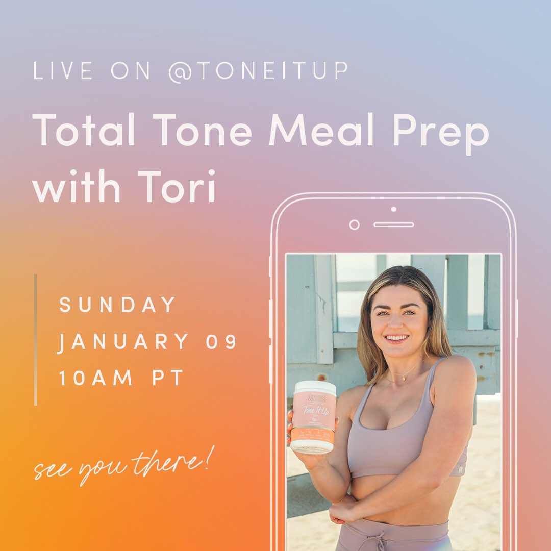 ToneItUp's tweet photo. Hey babes! Your trainer Tori will be going live Sunday Jan. 9 at 10am on Instagram!
Join Tori in the kitchen for #MealPrepSunday as she whips up one of the delicious new recipes we created for the new year! 👩🍳
We can’t wait to connect with you! 💞
#tiuteam #tiucommunity https://t.co/7tXhA9BZxH