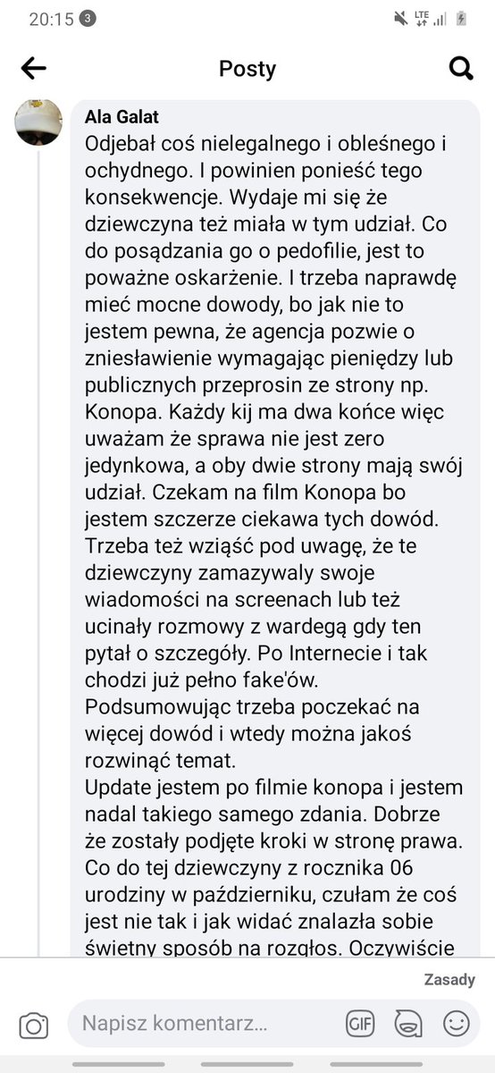 Ala33701775's tweet photo. Chcę sie wypowiedzieć w sprawie #leksiuisoverparty więc moją opinię dam jako zdjęcie jej napisanej na fb w komentarzu. 
Dodam tylko żebyście uważali z tym dawaniem łatki pedofila komuś publicznie bo trzeba mieć na to twarde dowody A szczególnie w sądzie. A będzie pewnie ta sprawa https://t.co/NaAjvQ3dbW