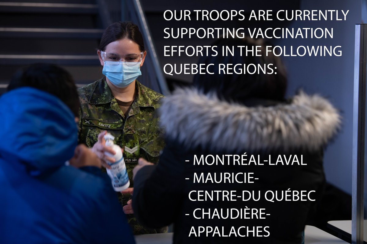 CJOC_COIC's tweet photo. The @CanadianForces support #Quebec’s Ministère de la @sante_qc #MSSS in #COVID19 vaccination clinics. We greet people at the clinics, orient them through the steps to get vaccinated and help disinfect. We are there for you! 😷 https://t.co/WTSXGBokWf
