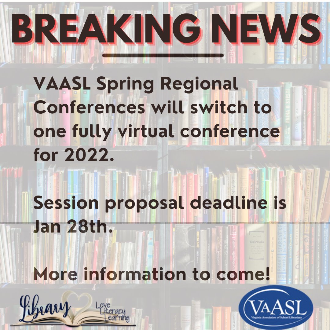VAASL's tweet photo. The 2022 Spring  Regional Conference will be now be VIRTUAL.  We plan to hold a singular, amazing conference that will kickoff with a live keynote on Saturday, March 12.  
Session proposals are due January 28th.
https://t.co/7ZX5BsbgDT
More information to come! https://t.co/iDj0OmPacb