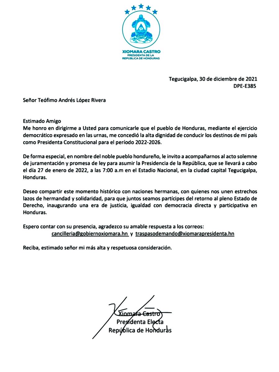 Muchas gracias por esta invitación del pueblo Hondureño para asistir a la toma de posesión de la presidenta <a href="/XiomaraCastroZ/">Xiomara Castro de Zelaya</a>, este 27 de Enero!

Estaremos presente 🇭🇳🥳