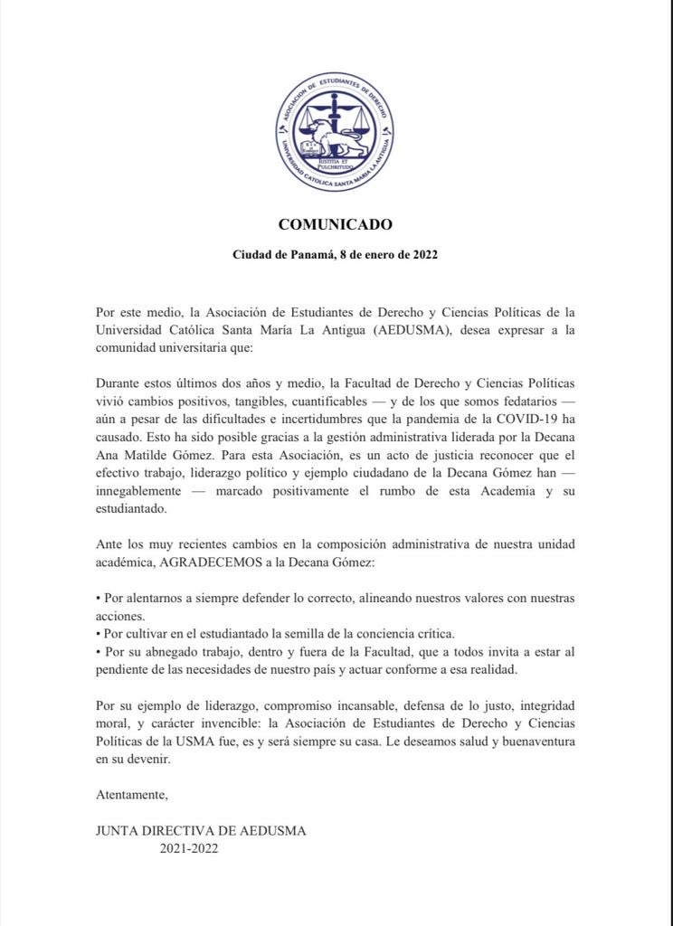 sabribacal's tweet photo. Comunicado de ⁦@AEDUSMA⁩ sobre salida de ⁦@AnaMatildeGomez⁩. Agradecen a la exdecana su liderazgo. https://t.co/NQzXFUB5NA
