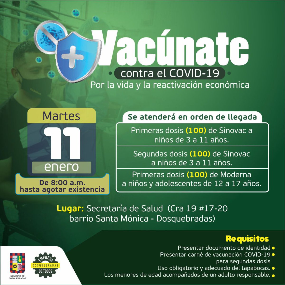 AlcaldiaDosq's tweet photo. #Vacúnate Cuidemos y protejamos a nuestros niños y adolescentes del #COVID-19, este martes estaremos inmunizándolos con primera y segundas dosis en las instalaciones de la Secretaría de Salud y Seguridad Social con el apoyo de la IPS Sinergia. https://t.co/vdwdDXsmJ0