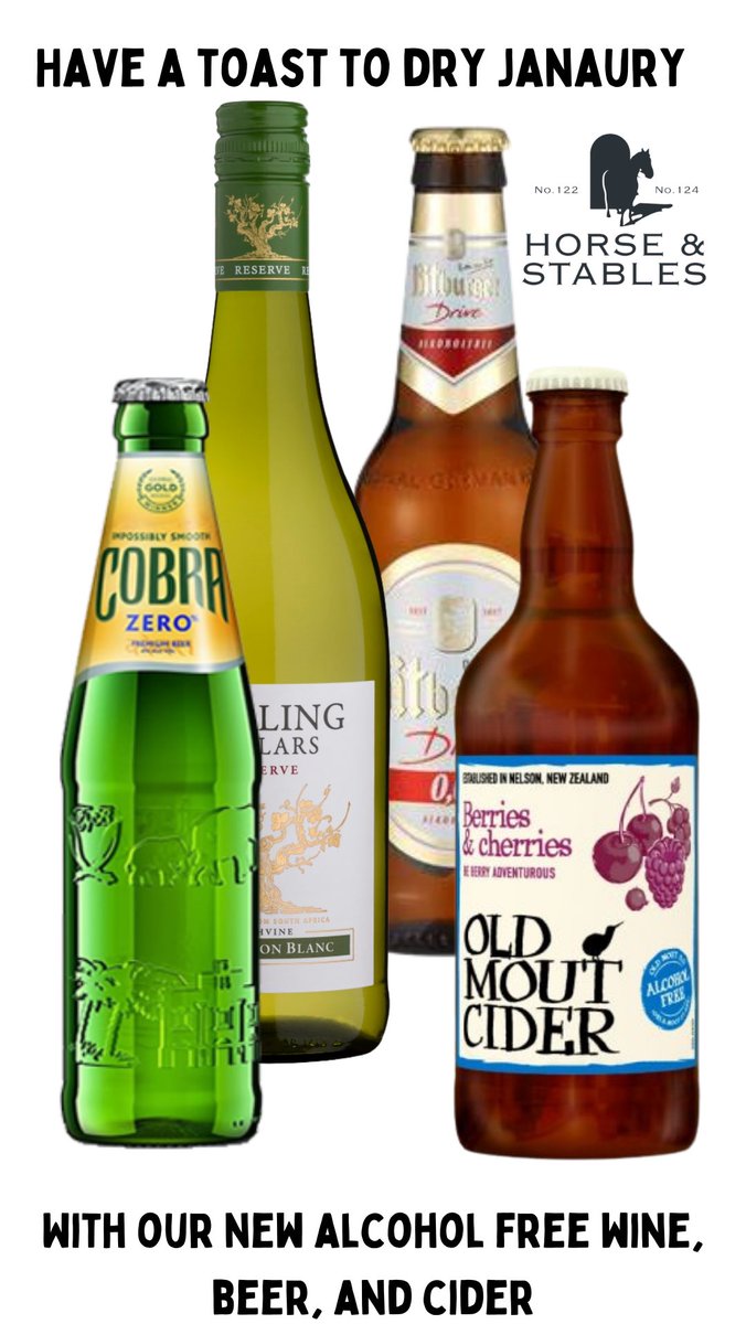 HorseAndStables's tweet photo. Dry January doesn’t mean you can’t have fun! 🍷🍻 

Introducing a larger selection of alcohol free choices at the Horse &amp; Stables 🐴 #london #pub #alcoholfree #DryJanuary https://t.co/CnU8ASNM8Q
