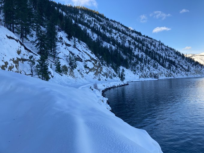 View of a snow slide blocking SR 971 on the south lake shore of Lake Chelan.