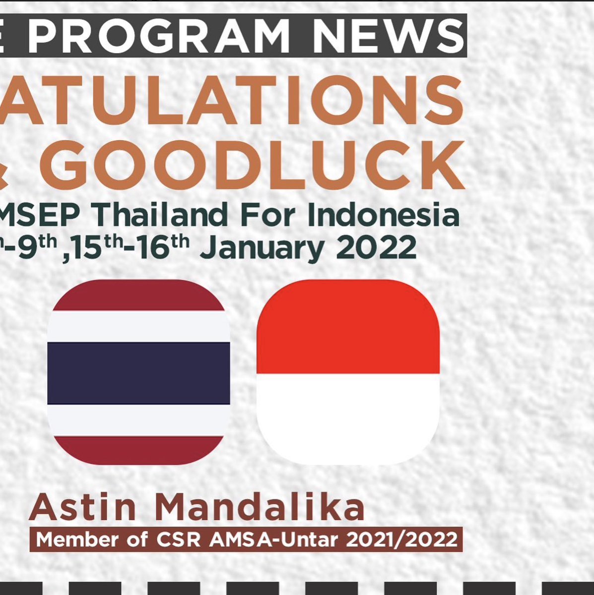amsauntar's tweet photo. [Exchange Programme News]

Hello People of Tomorrow! 
We have a good news for all of you. 

AMSA-Untar proudly announce, 
Astin Mandalika as one of AMSEP Thailand delegates for Indonesia. 
Have a goodluck and fun! 
จิตวิญญาณเป็นเสมอ! 
#vivaAMSA https://t.co/JGfzLC0x9B