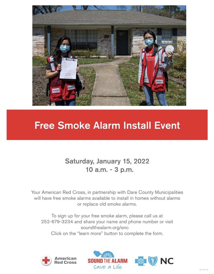 MannsHarborFire's tweet photo. Need a FREE smoke alarms at home, your American Red Cross team will be in Dare County on Sat Jan.15, 2022, installing smoke alarms or replacing old smoke alarms. To sign up for your free smoke alarms, please call us at 252-679-3234 or at https://t.co/AqsCI27KZ1 
Click learn more https://t.co/a1UadxHnXZ