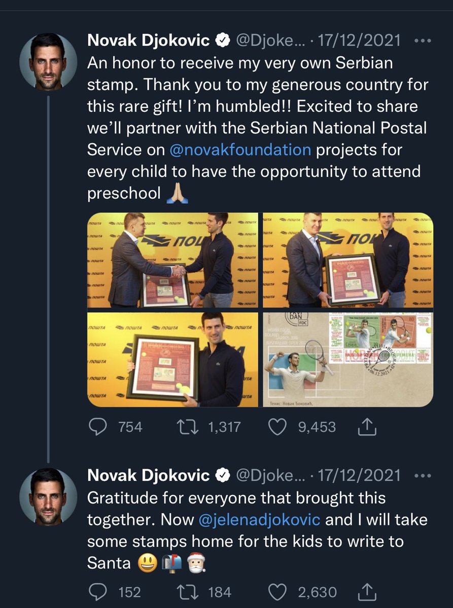 DavidRoseHR's tweet image. @BBCNews - if @DjokerNole did have COVID on the 16/12/21 then perhaps going to a stamp presentation the day after was a sensible approach! Perhaps his lawyers should check their clients Twitter before releasing statements 

#CelebrityPrivilege