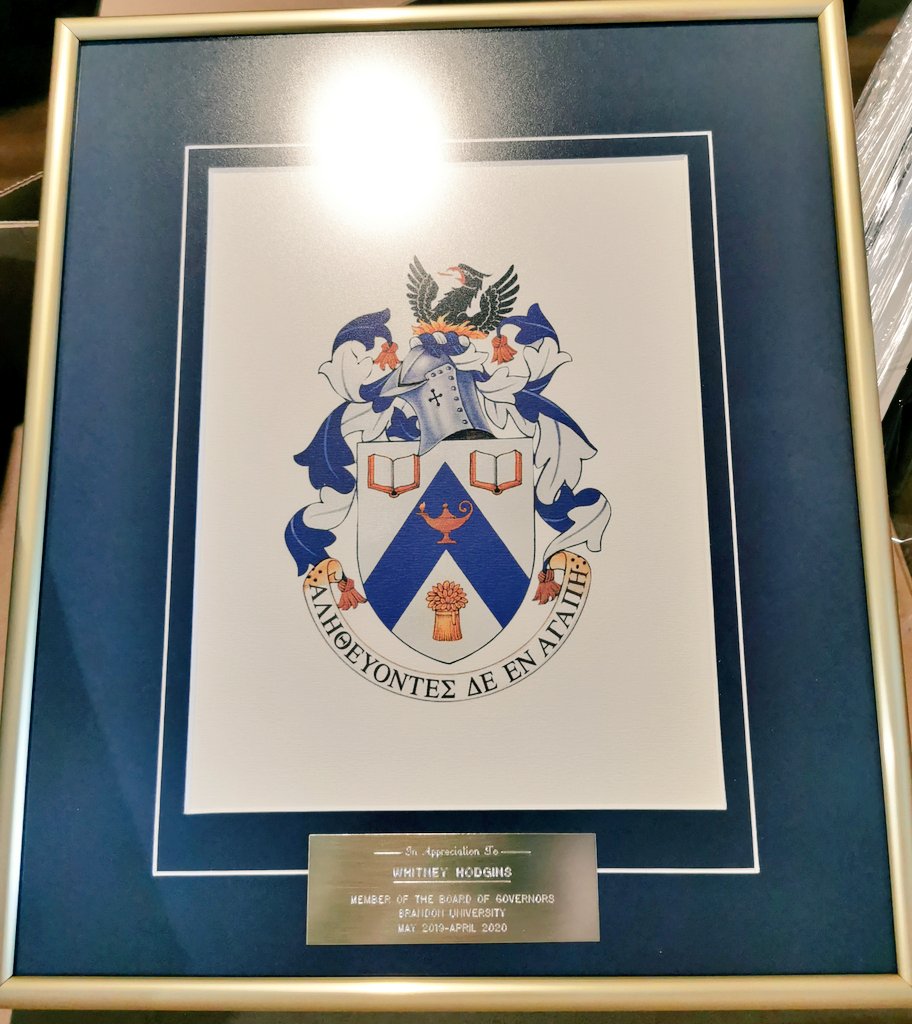 WhitneyHodgins's tweet photo. I recieved a package in the mail from @BrandonUni Board of Governors for my service in 2019-2020. It's an absolutely gorgeous gift! I send many warm wishes to my alma mater, and thank you so much for the recognition. It truely means alot. (Now to find somewhere to put it) #IamBU https://t.co/ppfLQDe4Ak