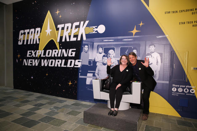 Adam and Julie Nimoy at the entrance to the Skirball Center exhibit