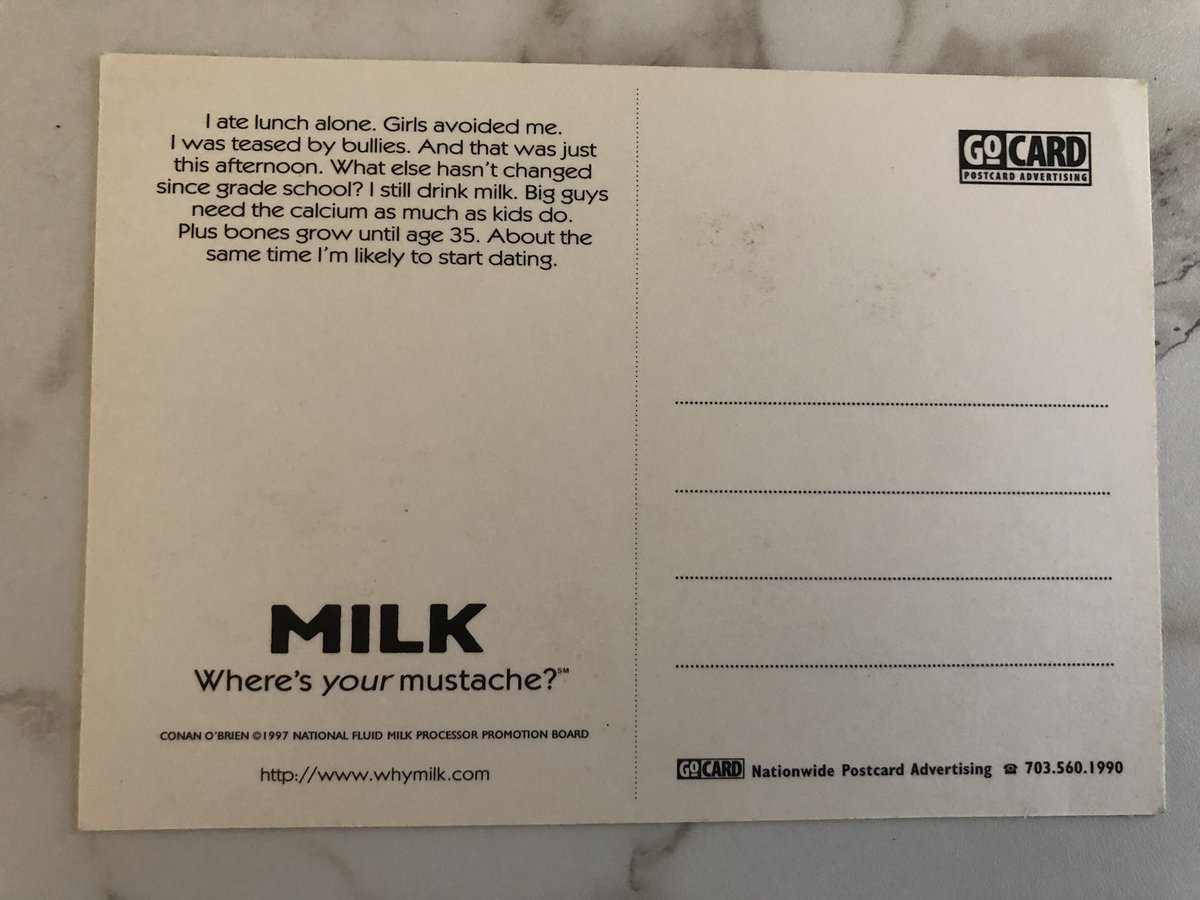 Is this the greatest gift ever given? A vintage #GotMilk <a href="/ConanOBrien/">Conan O'Brien</a> postcard circa 1997. 

Now if only I could figure out where to display this thing…?

<a href="/sonamov/">ifqw</a> <a href="/MattGourley/">Matt Gourley</a>