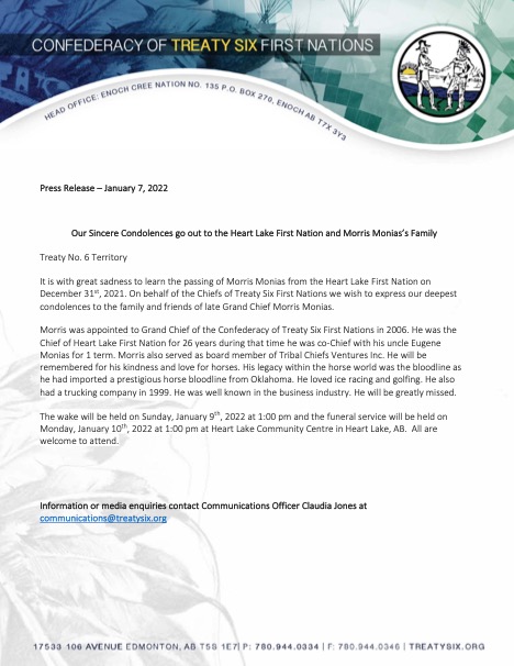 #PressRelease CONFEDERACY OF TREATY SIX FIRST NATIONS SENDS CONDOLENCES. <a href="/YourAlberta/">Alberta Government</a> #Alberta #Yeg #Treaty6