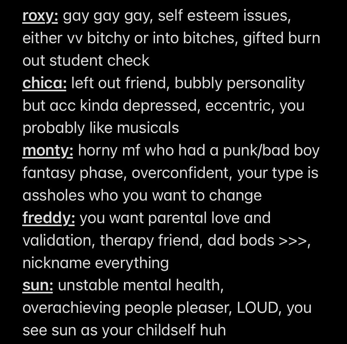 thelorebitch's tweet photo. here’s what i think of you based on your fav security breach animatronic since a lot of you wanna know! 

(dont take them too seriously i called myself out too in this one) https://t.co/yikpsejRIO