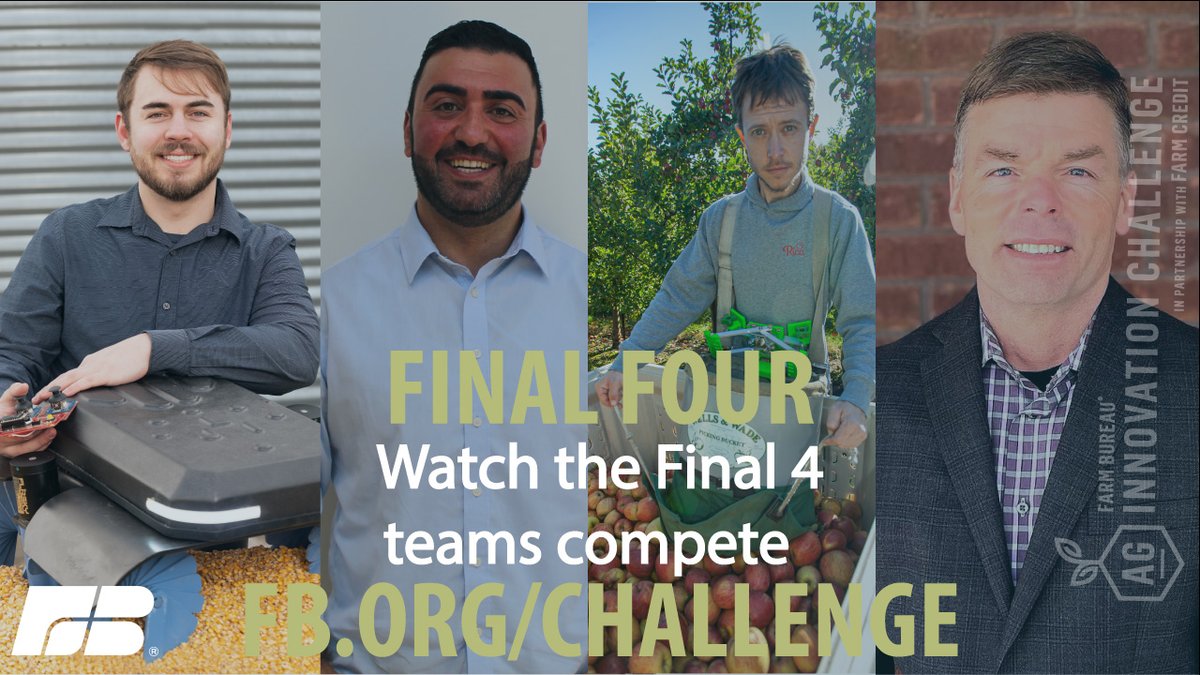 FarmBureau's tweet photo. Meet the #AgInnovationChallenge Final 4. 

👉@NEFarmBureau's Grain Weevil Corporation 
👉@NEFarmBureau's Marble Technologies 
👉 @PAFarmBureau's StemPunk
👉@NEFarmBureau's Birds Eye Robotics

Who will rise to the challenge? Watch Sunday at 11 am ET: https://t.co/28rkLcT1J8 https://t.co/ZgnqpuIp3s