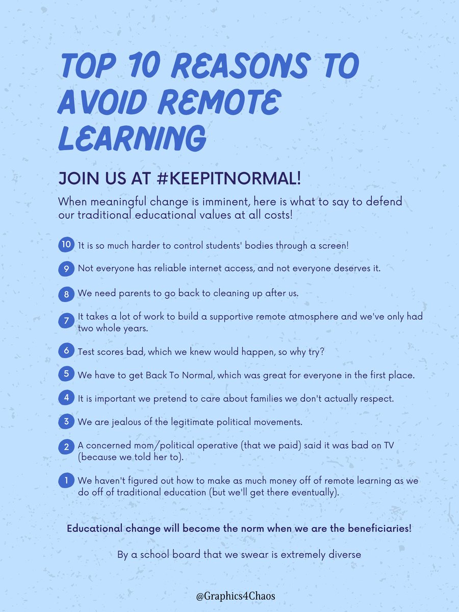 Graphics4Chaos's tweet photo. New Chaos! 

In case you wonder why people are trying so hard to avoid remote learning, here are the top ten reasons.

Enjoy!

(ALT and PDF will be posted below.) https://t.co/iZTYljGlTq