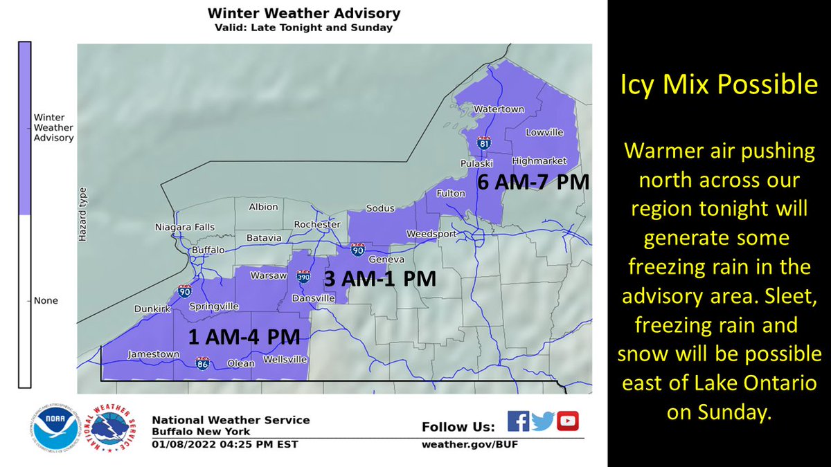 NWSBUFFALO's tweet photo. Warmer air moving north will generate a mix of wintry precipitation  tonight and Sunday. Areas of freezing rain over the western Southern Tier and Finger Lakes region after 1 AM will change to rain, while freezing rain, sleet and snow will be possible Sunday east of Lake Ontario. https://t.co/Enuzi4BKS5