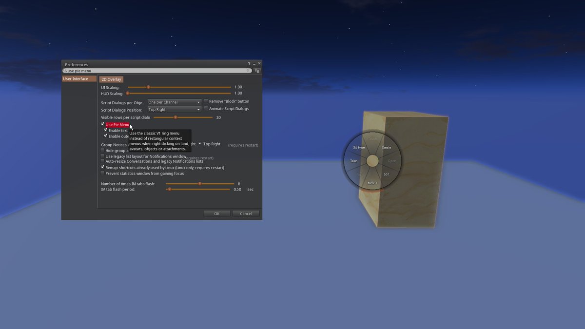erikMondrian's tweet photo. Some #SecondLife Residents prefer the classic “pie menu,” while others prefer the list. Luckily, in @PhoenixViewerSL you can choose either! Just toggle the “Use Pie Menu” box in Preferences->User Interface->2D Overlay. And check out the wiki for more info: https://t.co/jr826ePSZ3 https://t.co/HxnVPklwvg