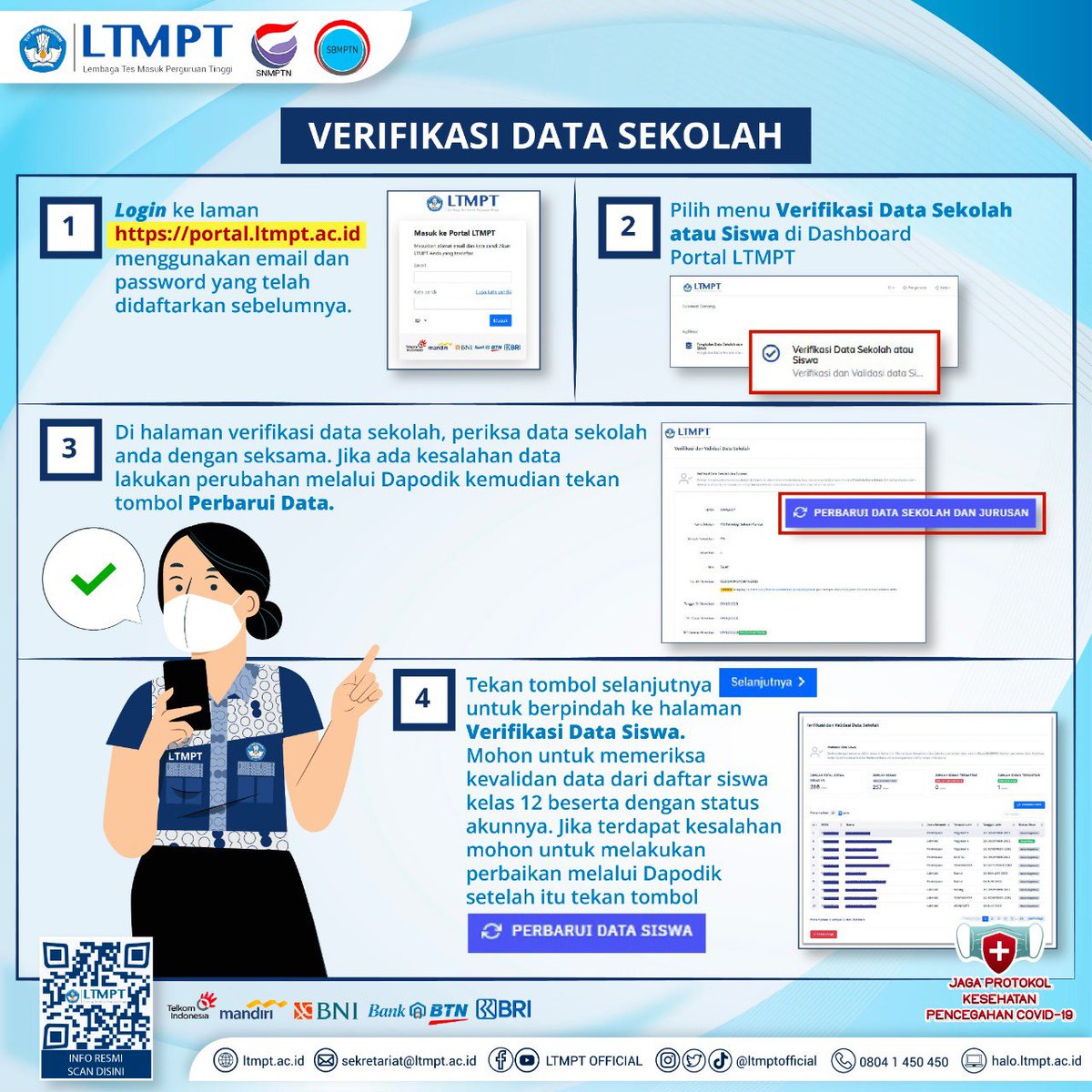 ltmptofficial's tweet photo. ❗️TAHAPAN VERIFIKASI DATA SEKOLAH❗️

Halo, Calon Mahasiswa Indonesia!

Tahapan verifikasi data sekolah adalah tahapan untuk memeriksa kebenaran data siswa kelas 12 beserta dengan status akunnya yang dilakukan oleh sekolah. Hal ini bertujuan untuk memastikan tidak ada data siswa- https://t.co/mVh4kl9wfL