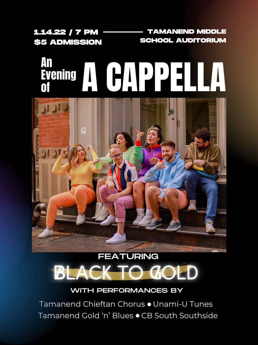 Tamanend Middle School Music Department (@tamanendmusic) on Twitter photo Very excited to welcome back our alum Connor Martin (9th Gr 2011) with his amazing a cappella group Black to Gold facebook.com/blacktogoldmus…. Next Friday 1/14 7pm <a href="/CBTamanendMS/">Tamanend MS</a> <a href="/CBSDMusic/">Central Bucks Music</a> Also <a href="/TamChorus/">Tamanend Chorus</a> Chieftain Chorus, <a href="/umsutunes/">U-Tunes @CBUnamiMS</a>, <a href="/TamGoldnBlues/">Gold'n'Blues</a>, and <a href="/CBSChoir/">CB South Titan Choir</a> Southside Acapella Very excited to welcome back our alum Connor Martin (9th Gr 2011) with his amazing a cappella group Black to Gold facebook.com/blacktogoldmus…. Next Friday 1/14 7pm <a href="/CBTamanendMS/">Tamanend MS</a> <a href="/CBSDMusic/">Central Bucks Music</a> Also <a href="/TamChorus/">Tamanend Chorus</a> Chieftain Chorus, <a href="/umsutunes/">U-Tunes @CBUnamiMS</a>, <a href="/TamGoldnBlues/">Gold'n'Blues</a>, and <a href="/CBSChoir/">CB South Titan Choir</a> Southside Acapella