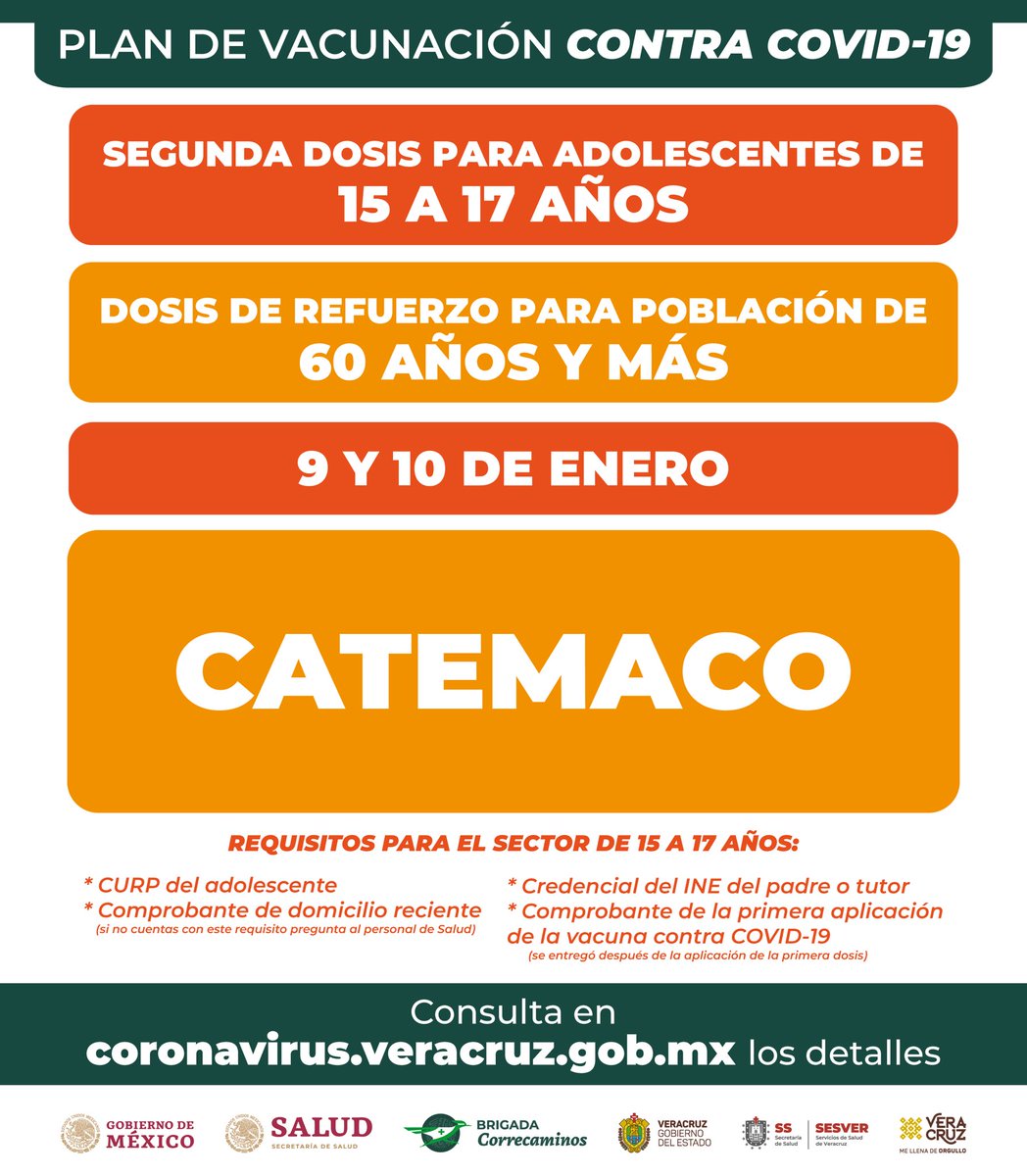 GobiernoVer's tweet photo. Consulta los municipios que continuarán con el Plan de Vacunación mañana domingo 09 de enero:

💉Adolescentes de 15 a 17 años con segunda dosis.
💉Población adulta mayor de 60 años y más con dosis de refuerzo. 

Para más información visita https://t.co/w6Y6Jglr9A. https://t.co/mNvriGwQS8