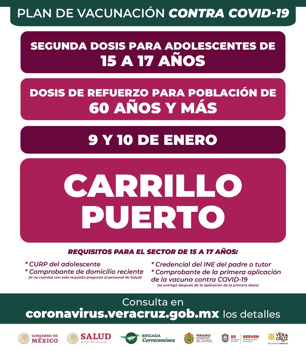 GobiernoVer's tweet photo. Consulta los municipios que continuarán con el Plan de Vacunación mañana domingo 09 de enero:

💉Adolescentes de 15 a 17 años con segunda dosis.
💉Población adulta mayor de 60 años y más con dosis de refuerzo. 

Para más información visita https://t.co/w6Y6Jglr9A. https://t.co/mNvriGwQS8
