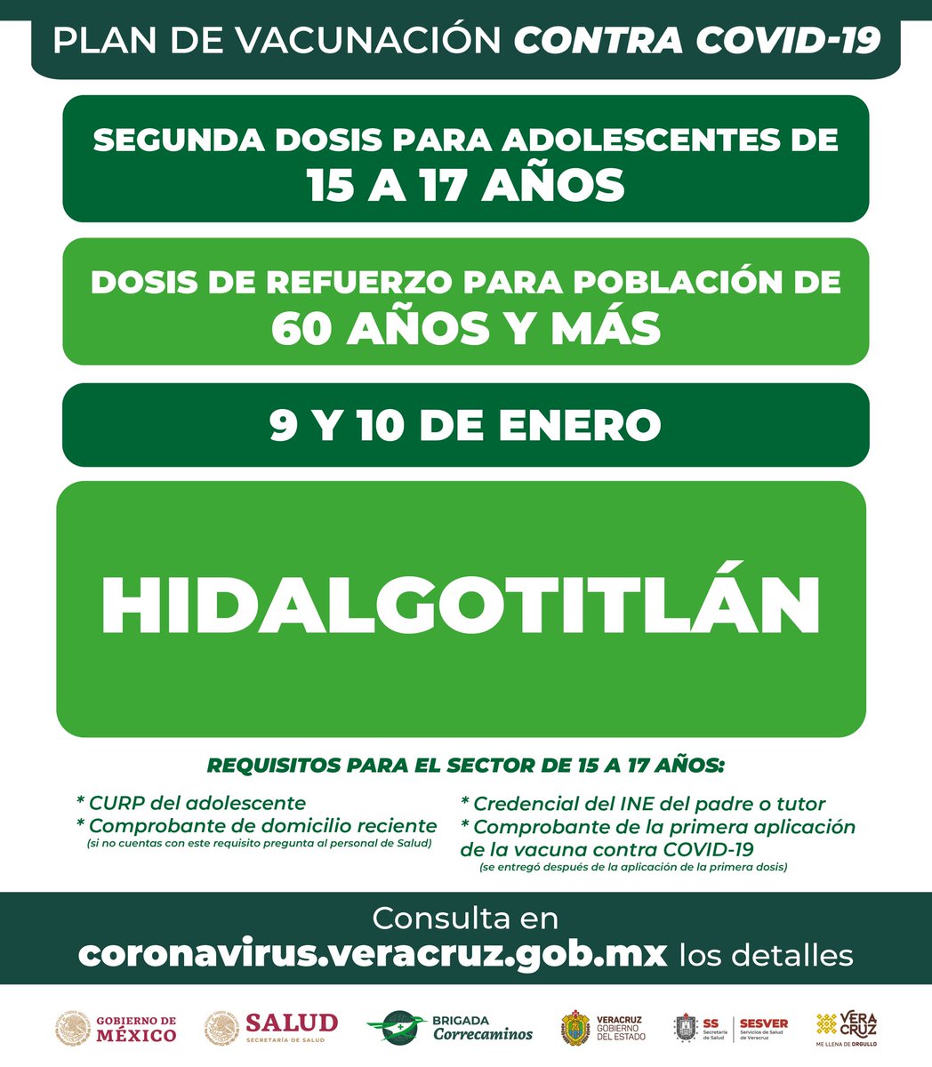 GobiernoVer's tweet photo. Consulta los municipios que continuarán con el Plan de Vacunación mañana domingo 09 de enero:

💉Adolescentes de 15 a 17 años con segunda dosis.
💉Población adulta mayor de 60 años y más con dosis de refuerzo. 

Para más información visita https://t.co/w6Y6Jglr9A. https://t.co/mNvriGwQS8