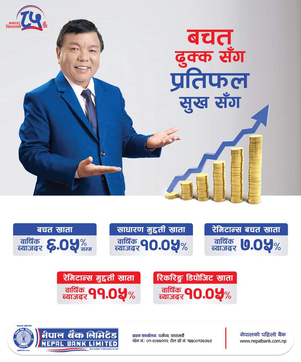 बचत ढुक्क सँग प्रतिफल सुख सँग !!
अब नेपाल बैंकमा विभिन्न प्रकारका खाता खोली पाउनुहोस् उच्चतम ब्याजदर ।

बचत खातामा: ६.०५% सम्म 
साधारण मुद्दती खाता: १०.०५%
रेमिटान्स बचत खाता: ७.०५% 
रेमिटान्स मुद्दती खाता: ११.०५% 
रिकरिङ्ग डिपोजिट खाता: १०.०५%