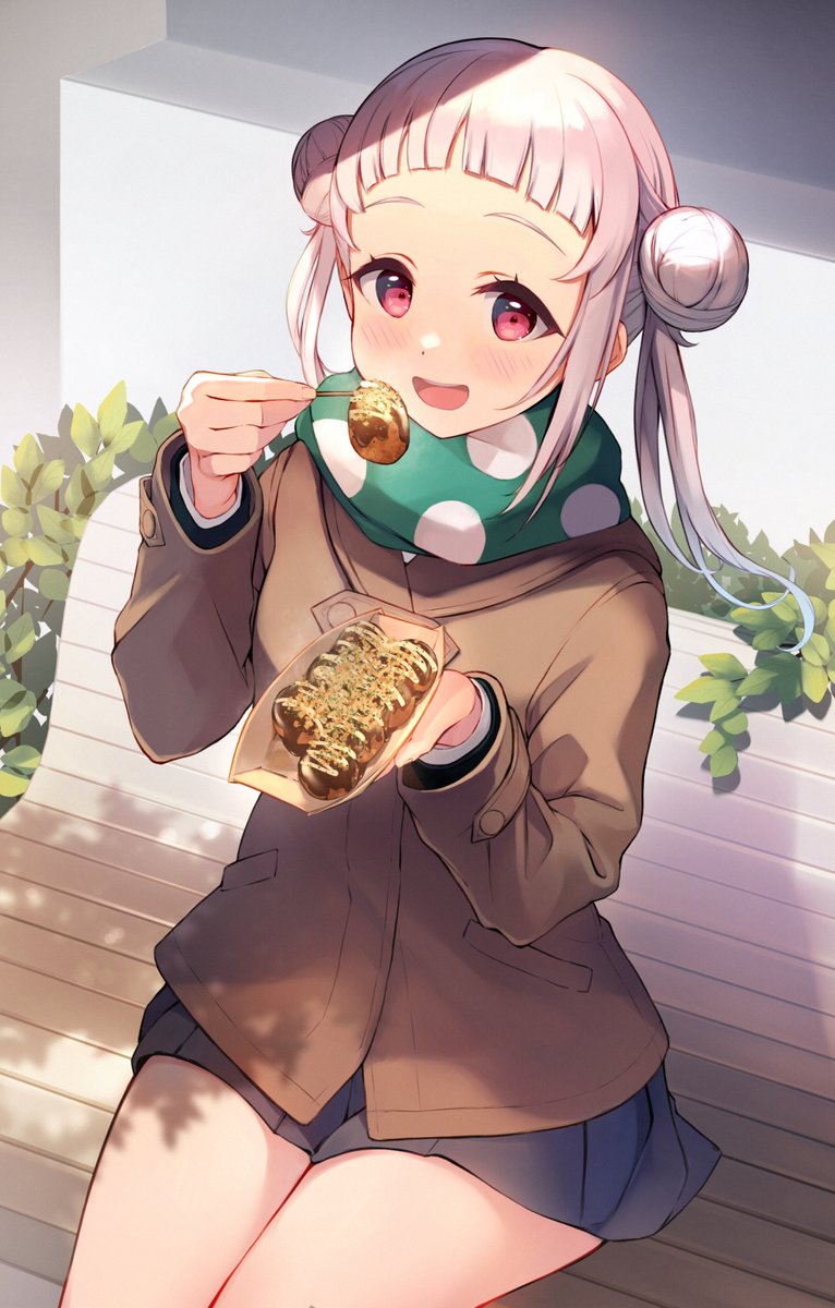 1girl takoyaki solo double bun hair bun scarf food  illustration images