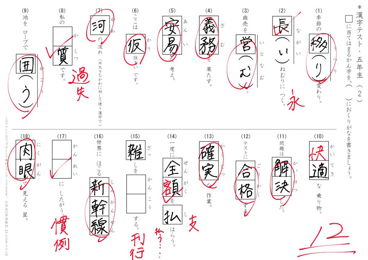 「最近スマホばかりいじってると手書きで咄嗟に漢字が浮かばない」という会話からの深夜の絵描き抜き打ち漢字テスト(小5)が書けなすぎて酷かったので是非他の人にもやっていただきたい()

https://t.co/UhJcP9rBbb 