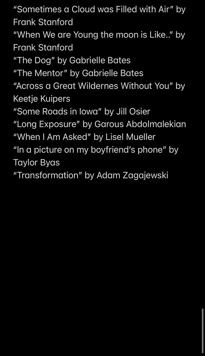 Deciding what poems my intro creative writing students need to hear. Looking for immediacy and energy. What am I missing?