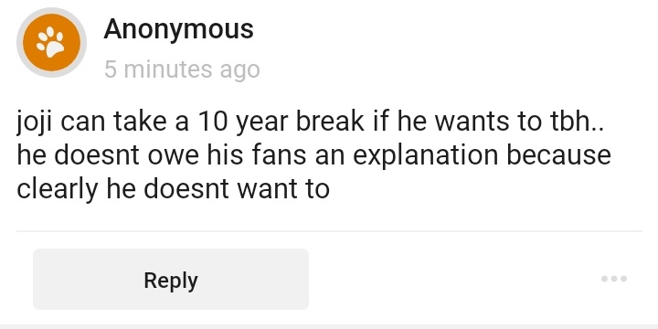 CCJOJI's tweet photo. joji puede tomarse una pausa de 10 años si quisiera para ser honestx... él no le debe ninguna explicación a sus fans, claramente porqué él no quiere hacerlo https://t.co/ckOwV9bbZo