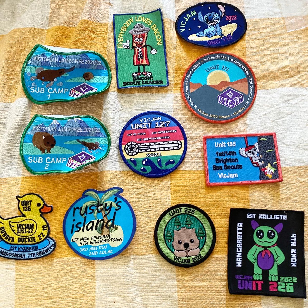 ejh_85's tweet photo. Angus’s badge collection from VicJam.
Each unit created their own badge.
The Victoria shaped badge is the one that Angus created for his unit.
#vicjam #takeittothenextlevel #beascout https://t.co/qZtXohq9R5