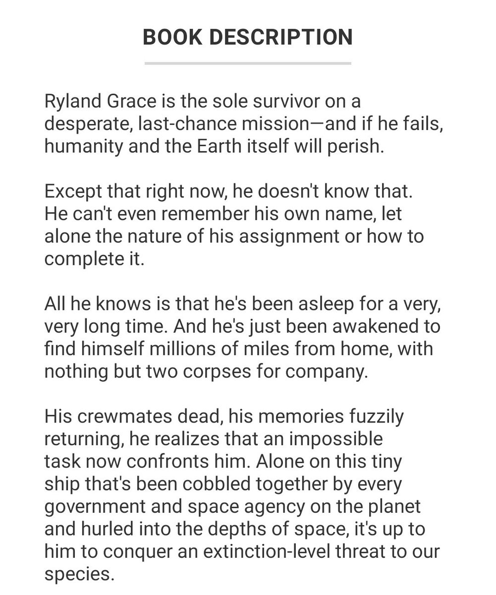 GriffReads's tweet image. Second book read for the @GCreadathon

Project Hail Mary by Andy Weir ⭐⭐⭐⭐⭐

I LOVED THIS SO MUCH!!

Some of the science went a little over my head but it was so funny and I loved the characters. I didn't expect it to feel so cosy and wholesome 🥺