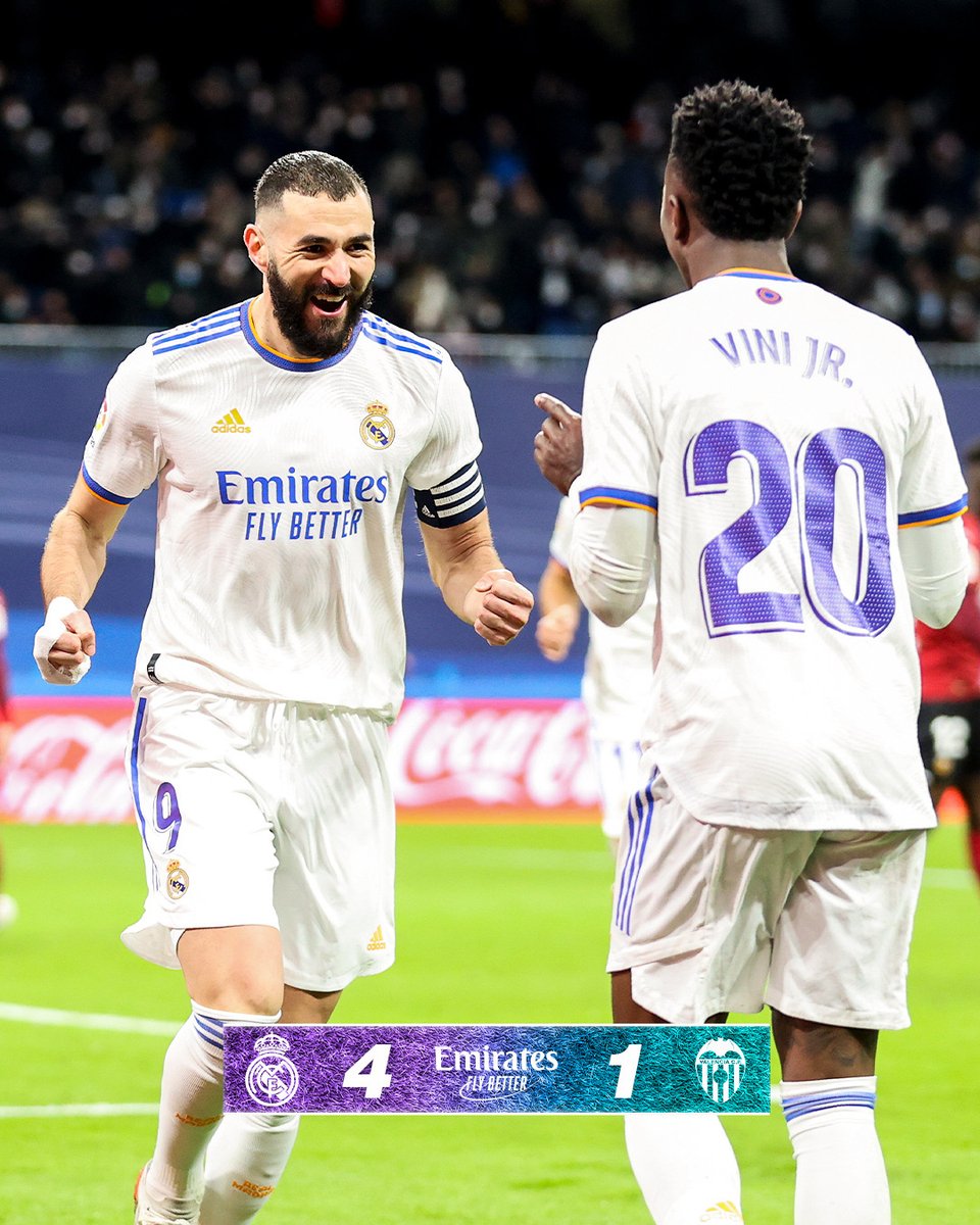 🏁 FP: <a href="/realmadrid/">Real Madrid C.F.</a> 4-1 <a href="/valenciacf/">Valencia CF</a>
⚽ <a href="/Benzema/">Karim Benzema</a> 43' (p), 88', <a href="/vinijr/">Vini Jr.</a> 52', 61'; Guedes 76'
#RealMadridValencia | #Emirates