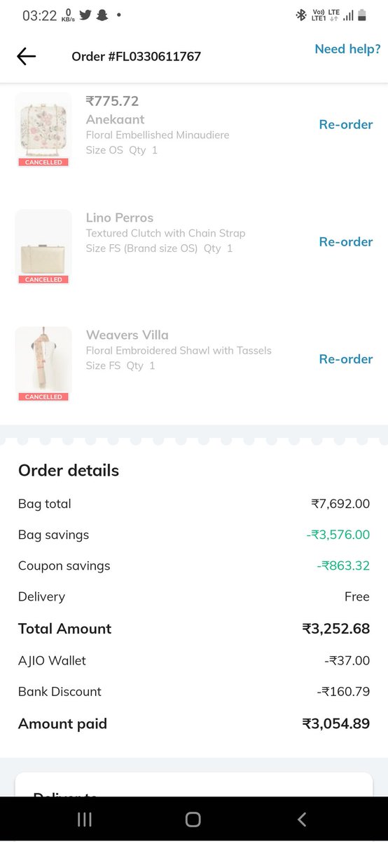 AnjaliJingar's tweet photo. @AJIOLife I cancelled this order but did not get refund of 3054 rs is still pending...I complained many time through mail n call but did not get any solution...Plz solved it https://t.co/IkP5U3rd60