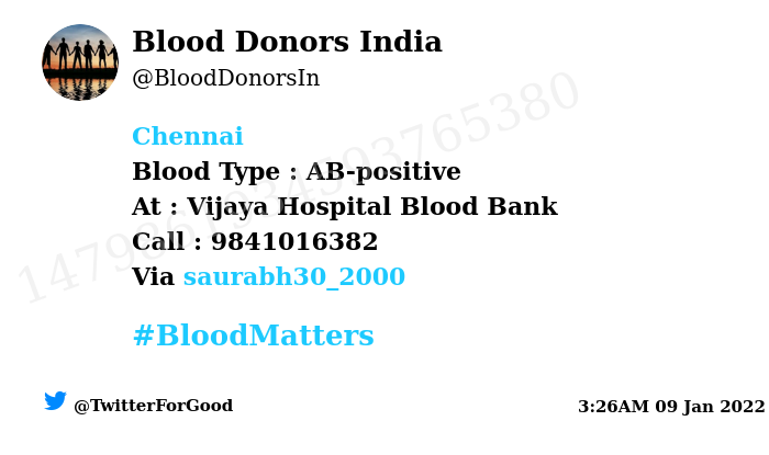 BloodDonorsIn's tweet image. #SOS
#Chennai
Need #Blood Type :  AB-positive
Blood Component : blood
Number of Units : 3
Primary Number : 9841016382
Patient : V Sakunthala 
Illness : surgery
Via: @saurabh30_2000
#BloodMatters
Powered by Twitter