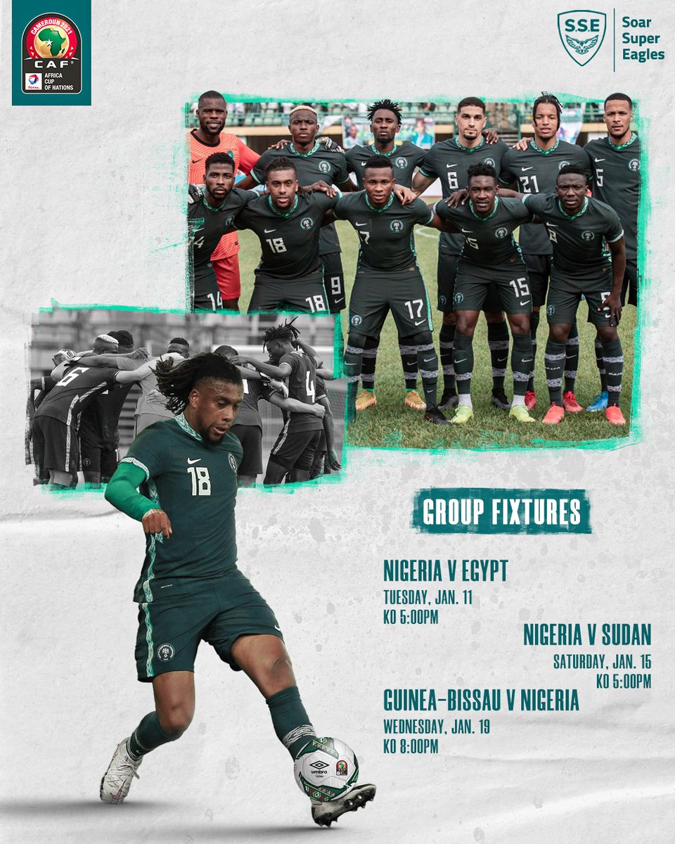 SSE_NGA's tweet photo. #AFCON2021 starts today!

Here's #TeamNigeria 's schedule for the group stage.

Mark your calendars. https://t.co/v783xbNGHJ