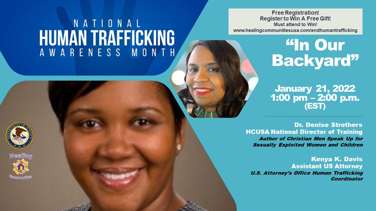 ddstrothers's tweet photo. January is Human Trafficking Awareness Month!  Dr. Denise Strothers and AUSA Kenya K. Davis present "In Our Backyard - Sex Trafficking in the DMV" on Friday, January 21 @ 1:00 p.m. EST.  Free Registration and Free Prize Giveaways!
 https://t.co/ymqbwJ7AP3 https://t.co/z7XItmlUvH