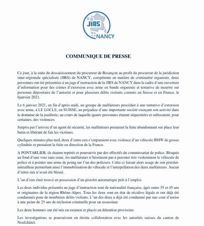 68pg's tweet photo. Mise en examen #JIRS Nancy Extorsion avec armes et tentative de
Meurtre Le #Locle #Suisse
🇨🇭 https://t.co/CxfX2Ojgjd