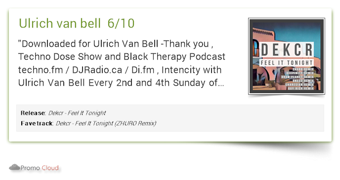 LabelWight's tweet image. Ulrich van bell supports: Dekcr - Feel It Tonight 6/10 #newrelease pcl.la/PQHERO