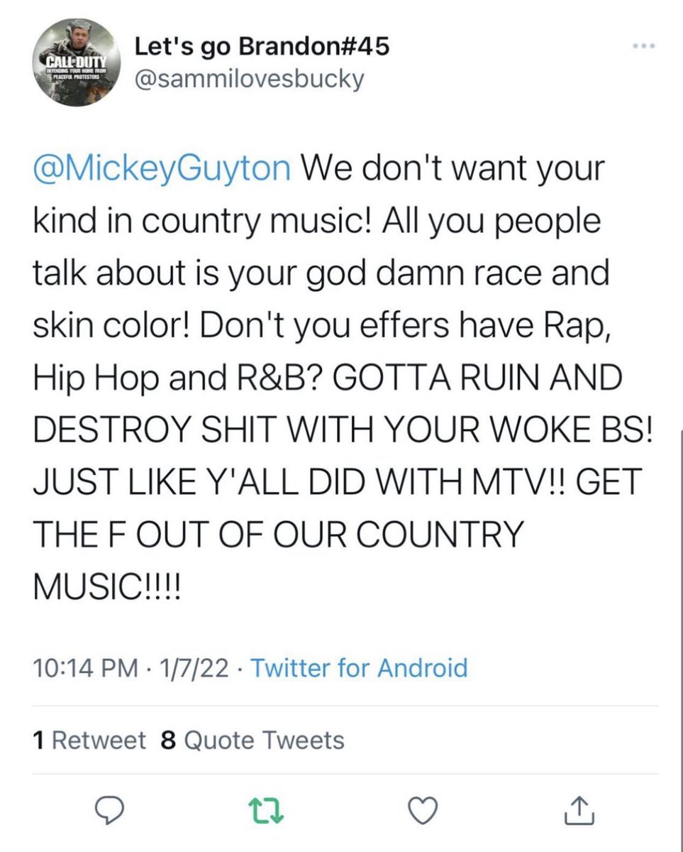 The internet never deletes @sammilovesbucky. Country music STARTED with Black folks you ignorant racist. <a href="/MickeyGuyton/">Mickey Guyton</a> is the future of country music so you better gather up your snowflakes and Karens and get a new genre