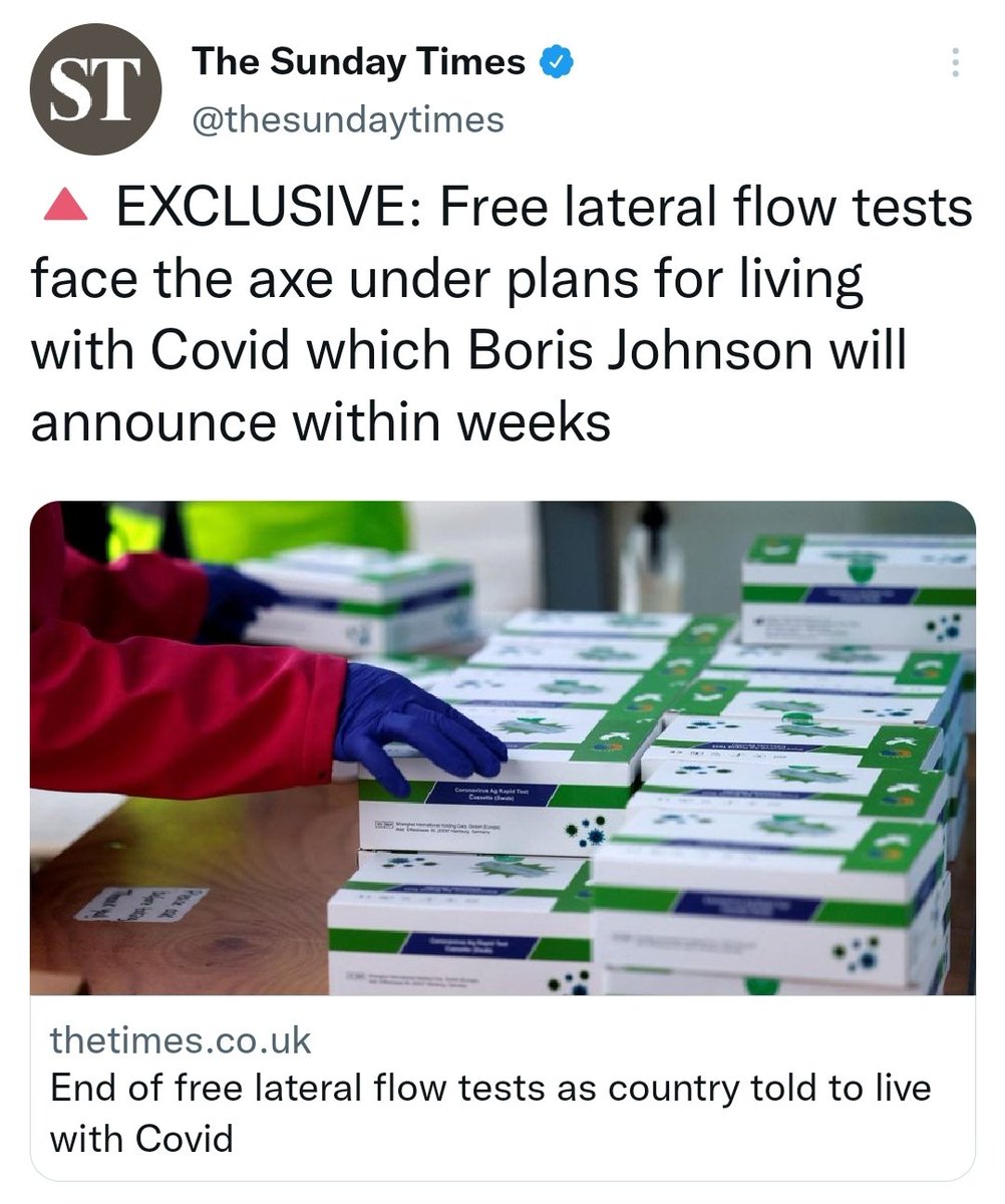 statsjamie's tweet image. 🚨🚨 End of free lateral flow tests as country told to live with Covid

➡️ If Boris is serious about living with Covid it's also time to abandon these nonsense #VaccinePassports too